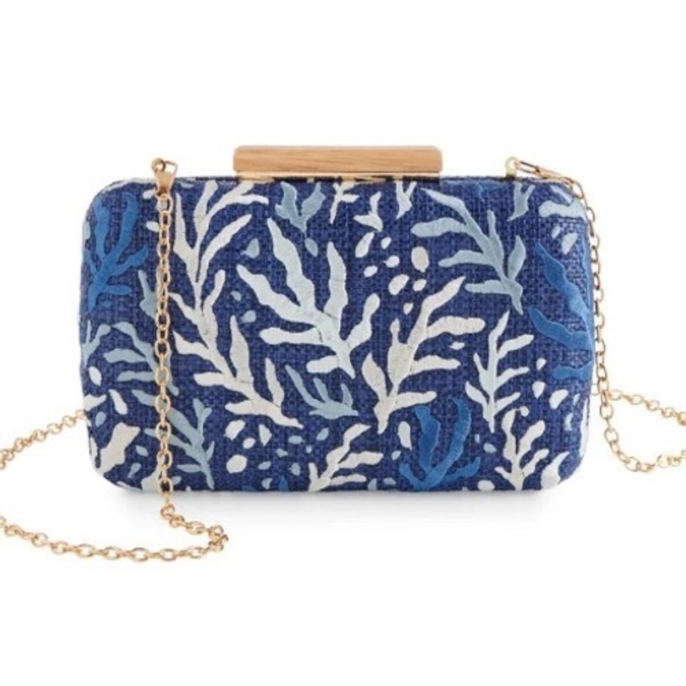 Shiraleah Clutch Bag Womens Navy Embroidered Box Purse Preppy Coastal Resortwear